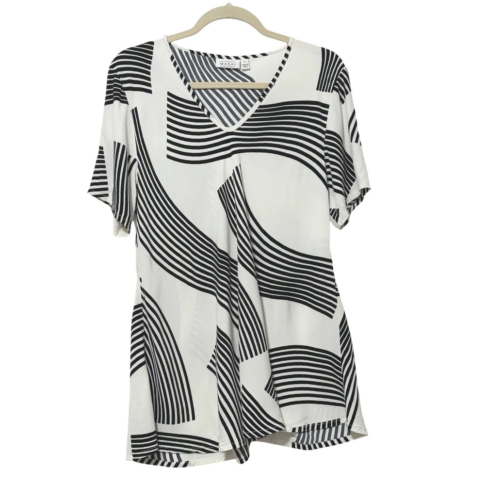 Masai Copenhagen - Women's Size Large V-Neck Tunic Top Black White Abstract Wave